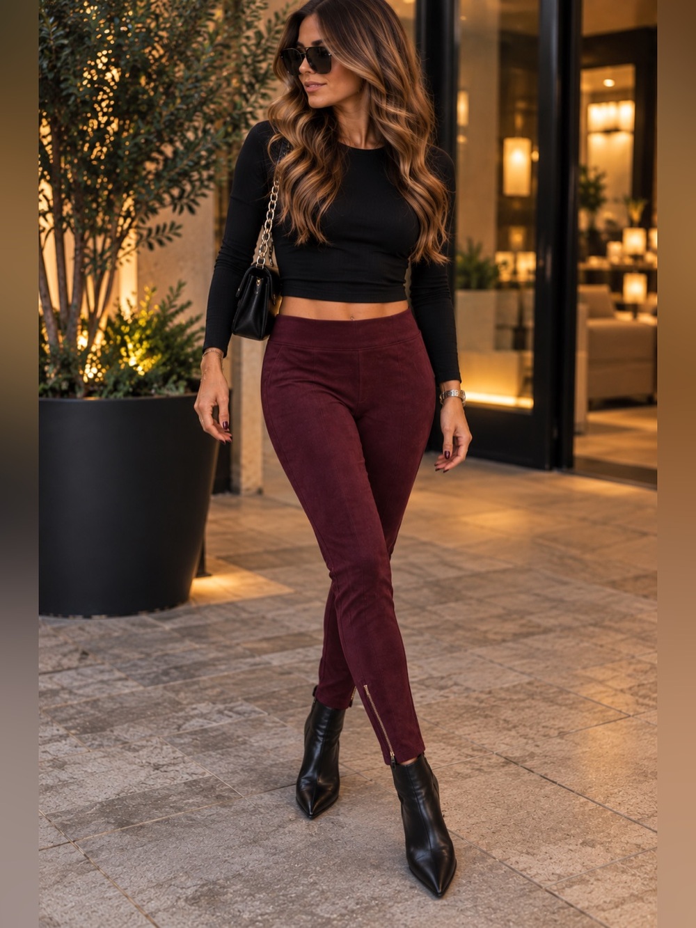 Burgundy Faux Suede Leggings Mid Rise Ankle Zip Skinny Pants